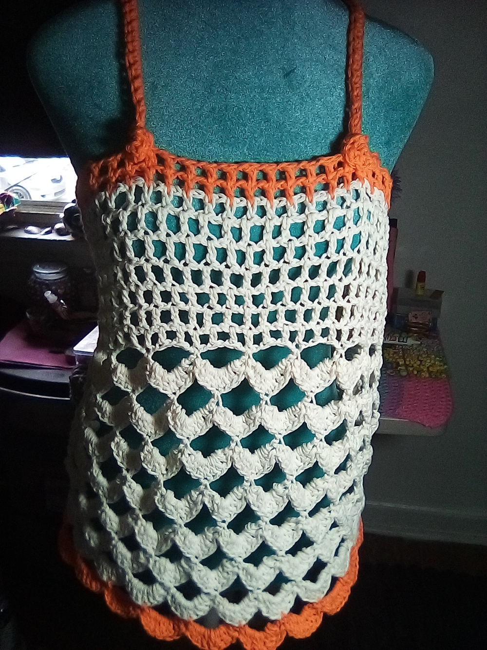 Hand-Crocheted Women’s Swim Cover-Up Tank in White and Orange